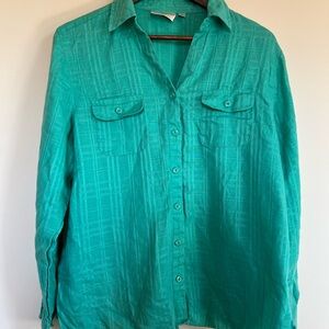 Studio Works Turquoise Button-Front Shirt 100% linen women large plaid